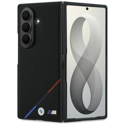 BMW M Leather Perforated Tricolor Stripe Metal Logos MagSafe – dėklas Samsung Galaxy Z Fold 8 Ultra (juodas)