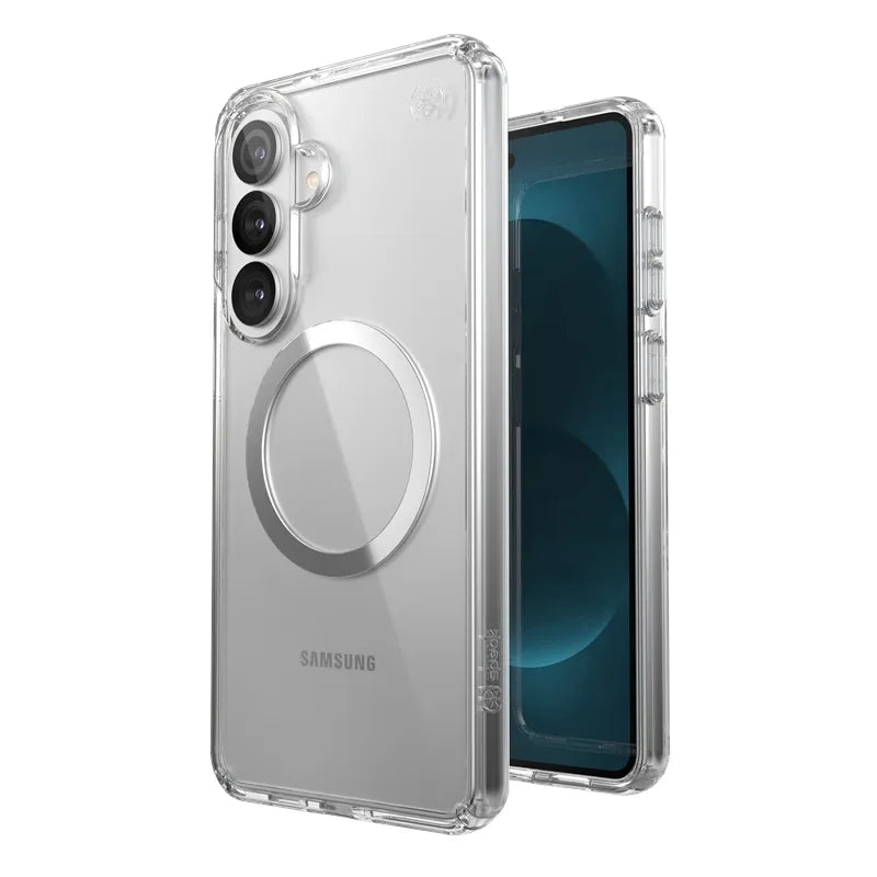Speck Presidio Perfect-Clear Magnet – Samsung Galaxy S26+ MagSafe dėklas (Skaidrus/Skaidrus/Sidabrinis)