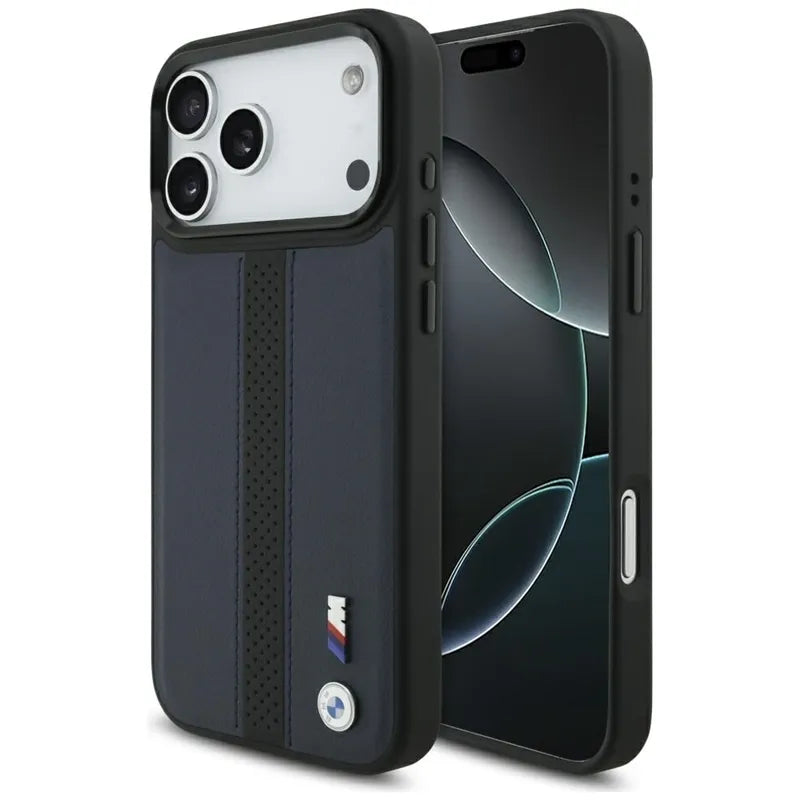 BMW M Perforated Stripe Logo MagSafe – iPhone 17 Pro Max dėklas (tamsiai mėlynas)