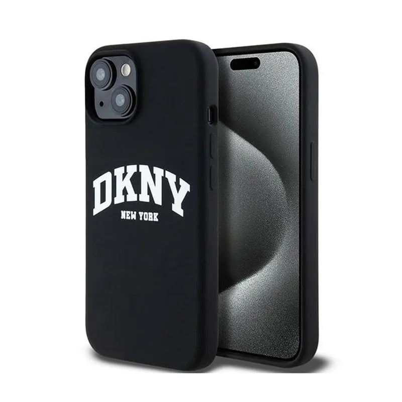DKNY Liquid Silicone White Printed Logo MagSafe – Dėklas iPhone 15 Plus / 14 Plus (juodas)