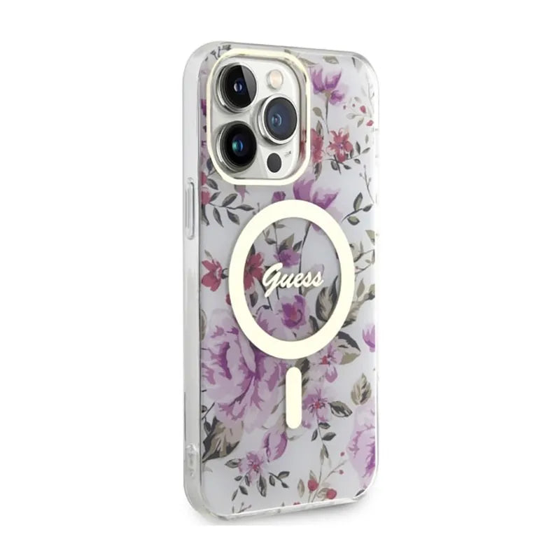 Guess Flower MagSafe – dėklas iPhone 14 Pro (skaidrus)