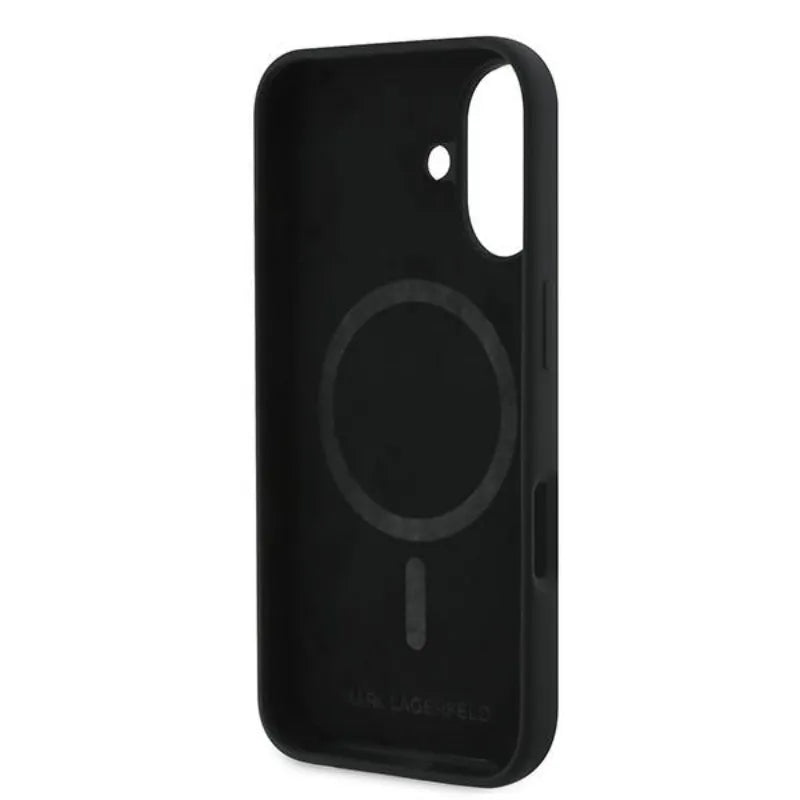 Karl Lagerfeld Silicone Double Heads Print MagSafe – dėklas iPhone 16 Plus (juodas)
