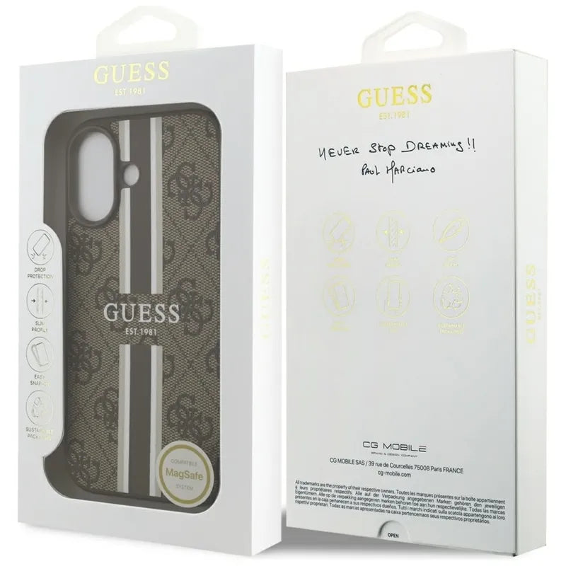 Guess 4G Printed Stripes MagSafe – Dėklas iPhone 17 (ruda)