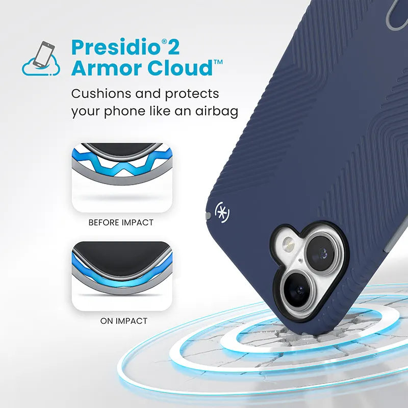 Speck Presidio2 Grip ClickLock & MagSafe – iPhone 16 Plus dėklas (pakrantės mėlyna / dulkėta pilka / balta)