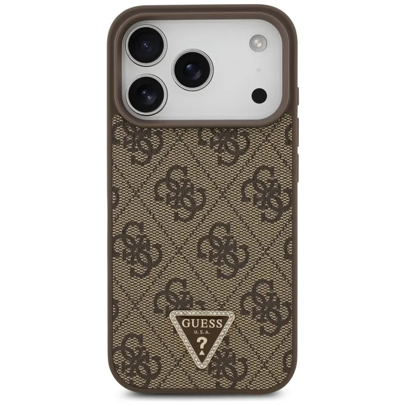 „Guess Leather 4G Triangle Strass MagSafe“ – dėklas „iPhone 17 Pro“ (rudas)