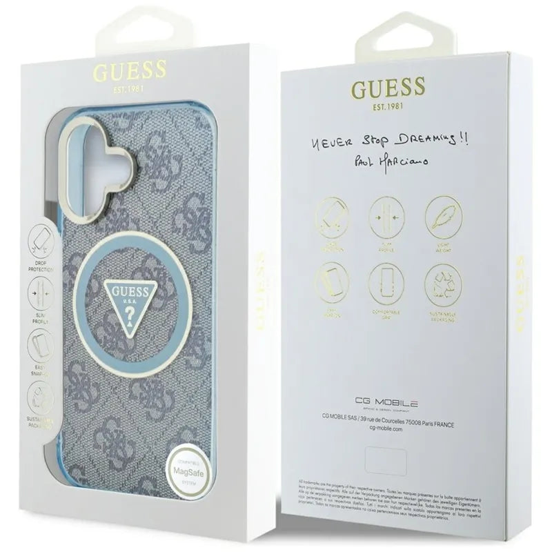 Guess IML Metal Glitter 4G Circle Triangle MagSafe – dėklas iPhone 16 (mėlynas)