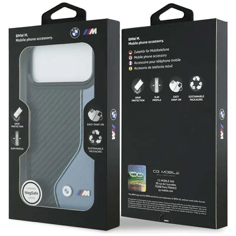 BMW M Carbon Logo MagSafe – dėklas iPhone 17 Pro Max (mėlynas)