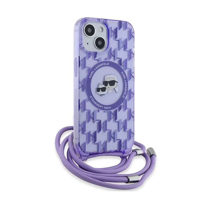 Karl Lagerfeld IML Crossbody Monogram Karl & Choupette Head MagSafe – dėklas iPhone 15 / 14 / 13 (violetinis)