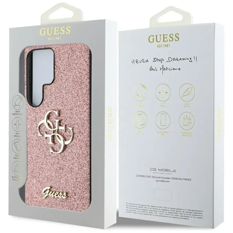 „Guess Fixed Glitter Big 4G Metal Logo“ – dėklas „Samsung Galaxy S25 Ultra“ (rožinis)