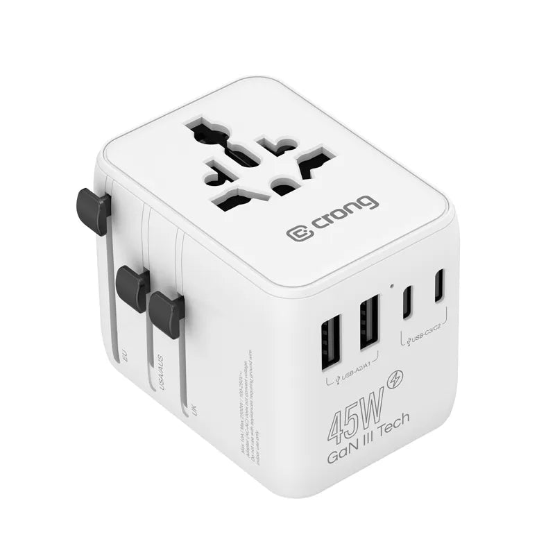 Crong One World kelioninis adapteris – universalus GaN kelioninis adapteris 45W UK/EU/US/AU (baltas)