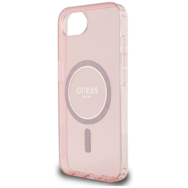 Guess IML Glitter Circle MagSafe – dėklas iPhone 16e (rožinis)
