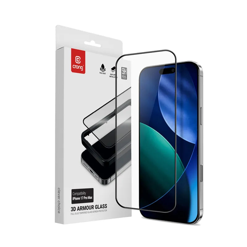 Crong 3D Armor Glass - Grūdintas stiklas iPhone 17 Pro Max + montavimo rėmelis