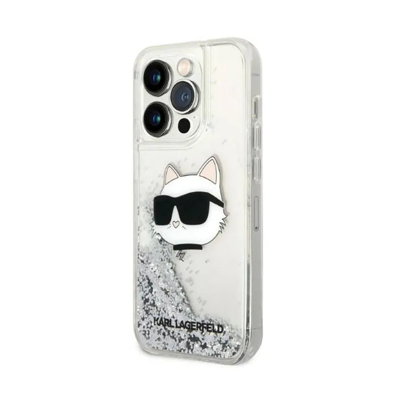 Karl Lagerfeld Liquid Glitter NFT Choupette Head – dėklas iPhone 14 Pro Max (sidabrinis)