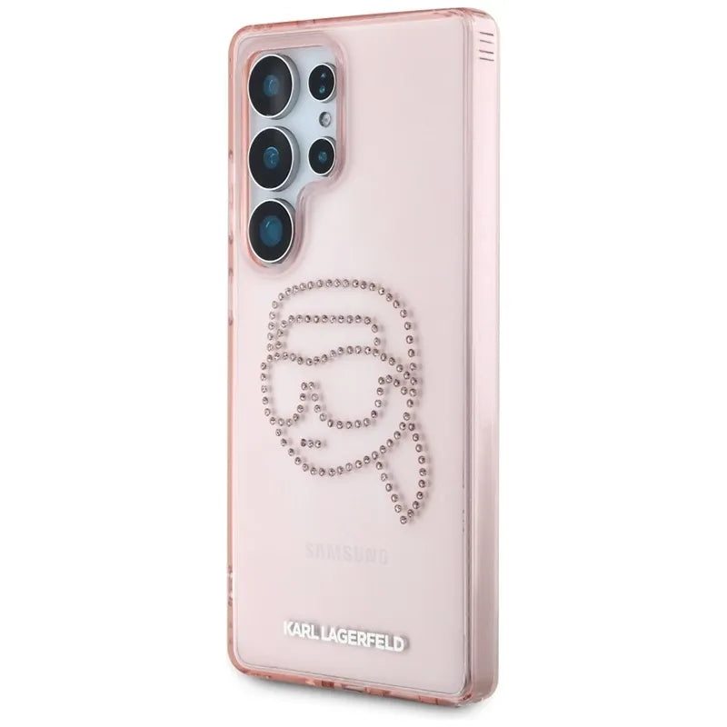 Karl Lagerfeld Rhinestones Karl Head Logo – dėklas, skirtas Samsung Galaxy S25 Ultra (rožinis)
