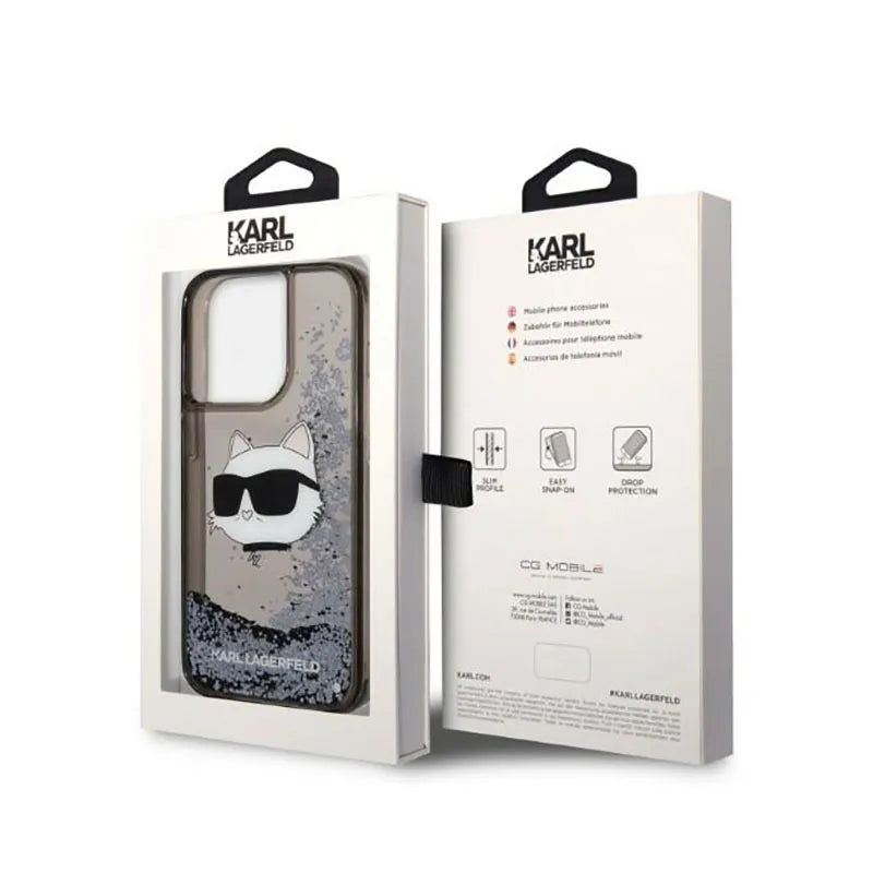 Karl Lagerfeld Liquid Glitter NFT Choupette Head – dėklas iPhone 14 Pro (juodas)