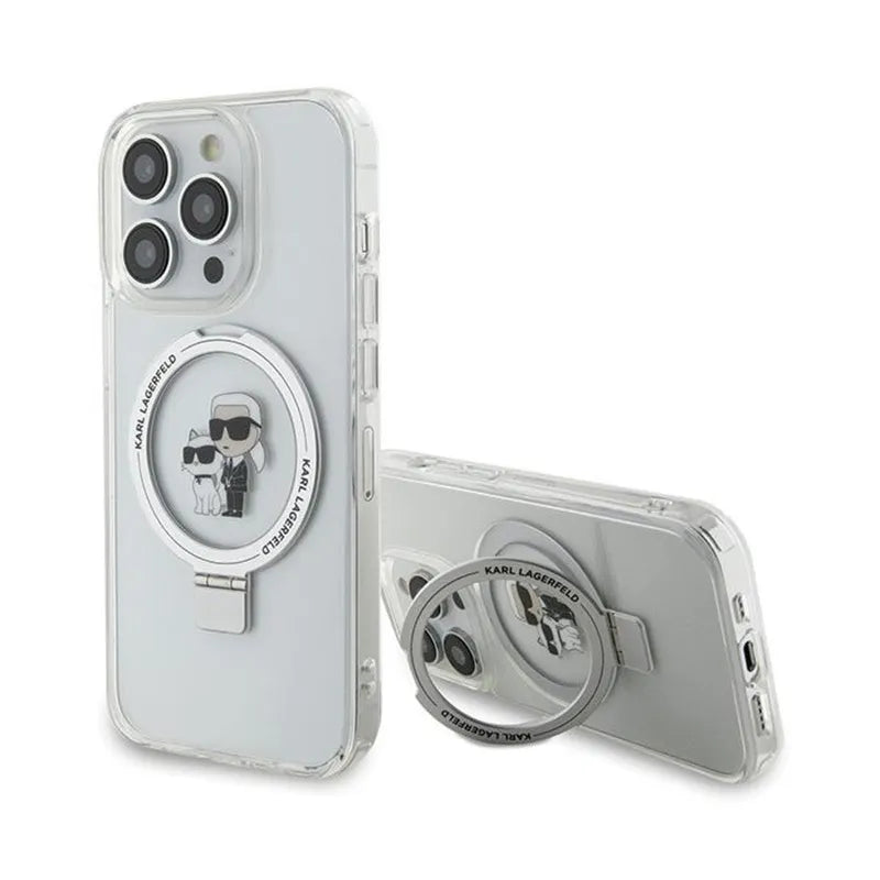 Karl Lagerfeld Ring Stand Karl & Choupette MagSafe dėklas iPhone 14 Pro (baltas)