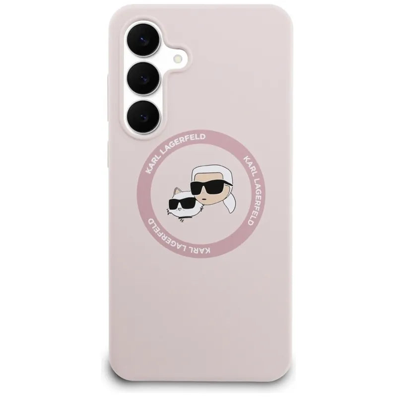 Karl Lagerfeld Silicone Karl & Choupette Heads MagSafe – dėklas Samsung Galaxy S25 FE (rožinis)