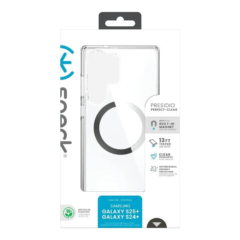Speck Presidio Perfect-Clear Magnet – Samsung Galaxy S25 Ultra MagSafe dėklas (skaidrus / chromo apdaila / Serene Silver)