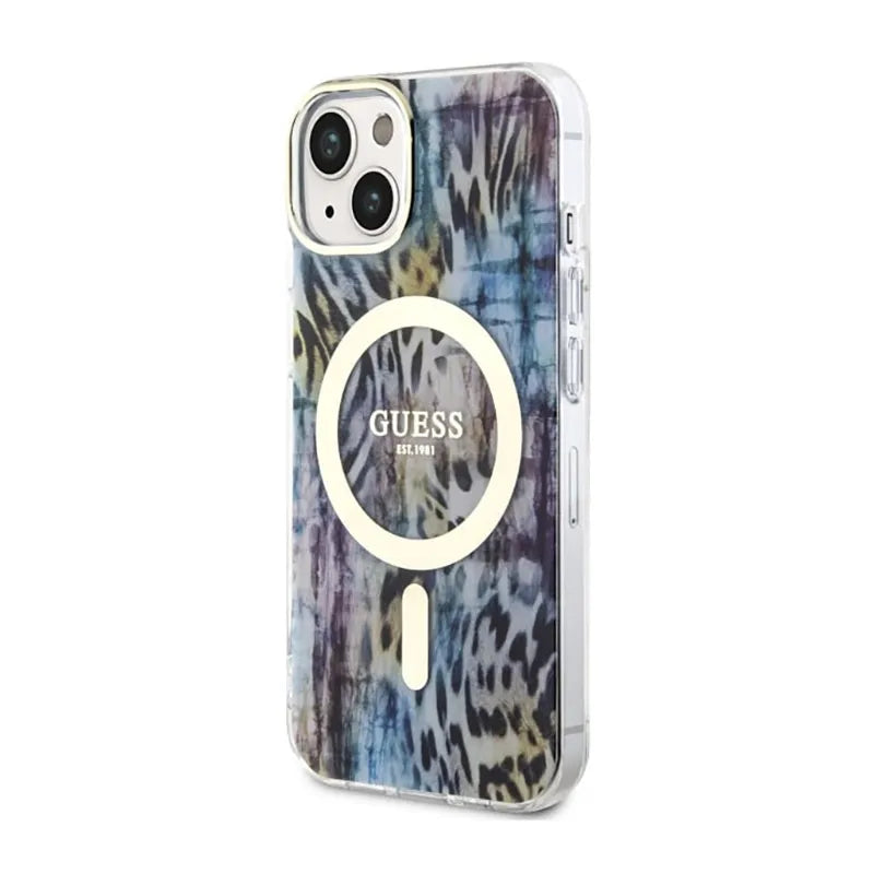 Guess Leopard MagSafe – dėklas iPhone 14 (mėlynas)