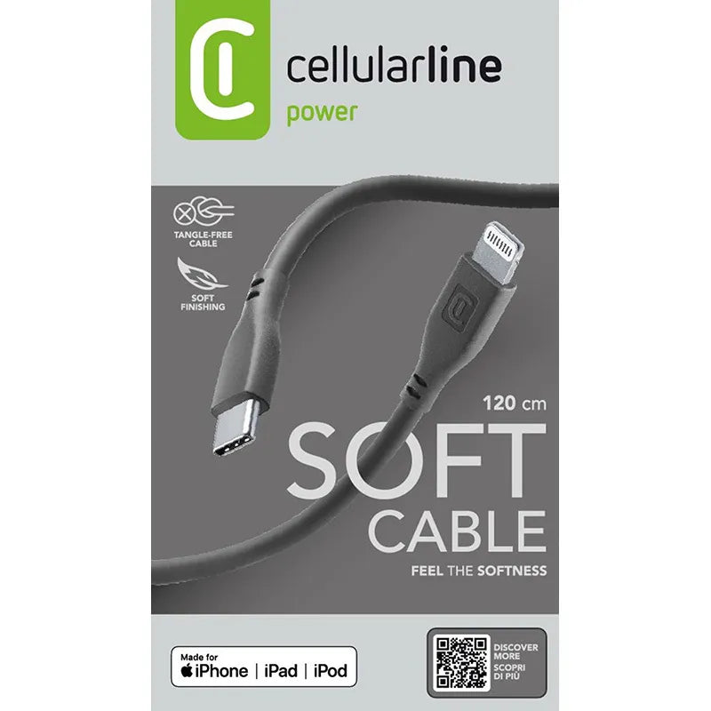 Cellularline Soft Cable – USB-C į Lightning laidas, MFi sertifikuotas, 1,2 m (juodas)