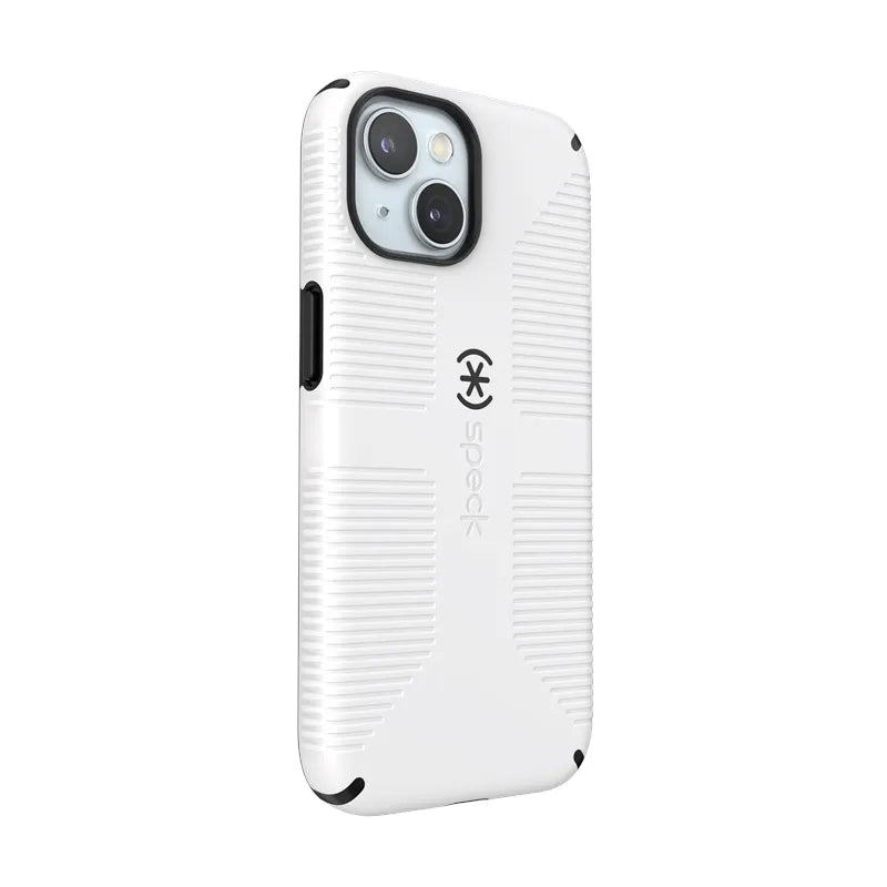 Speck Candyshell Grip MagSafe – dėklas, skirtas iPhone 17e / 16e / 15 / 14 / 13 (baltas / juodas)