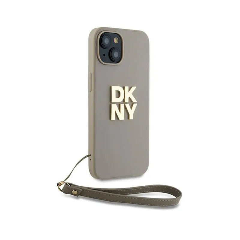 DKNY Wrist Strap Stock Logo – dėklas iPhone 15 Plus (smėlio spalvos)