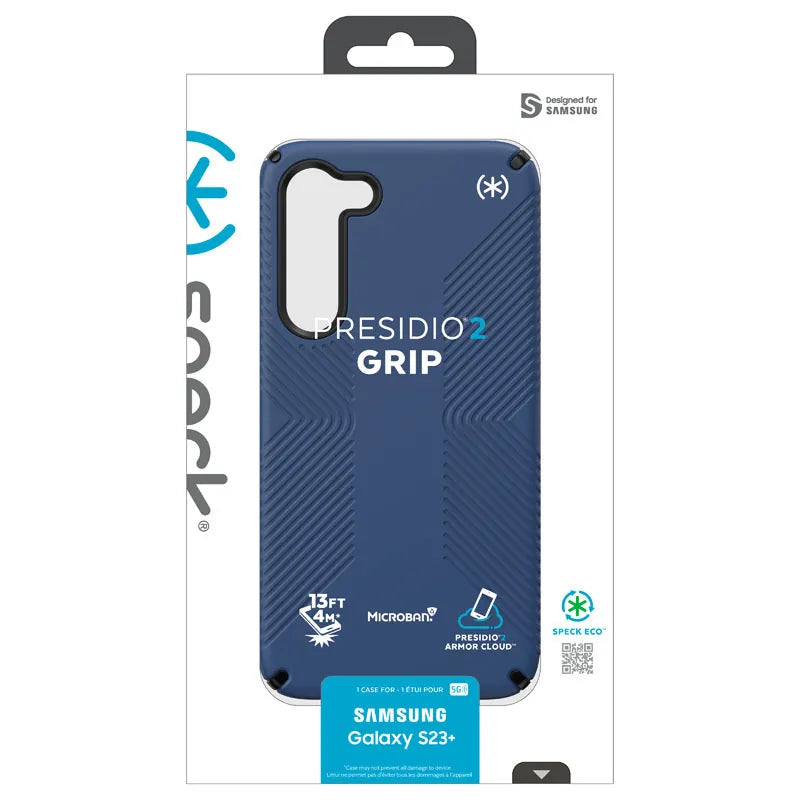 Speck Presidio2 Grip – neslystantis dėklas, skirtas Samsung Galaxy S23+ (pakrantės mėlyna/juoda)