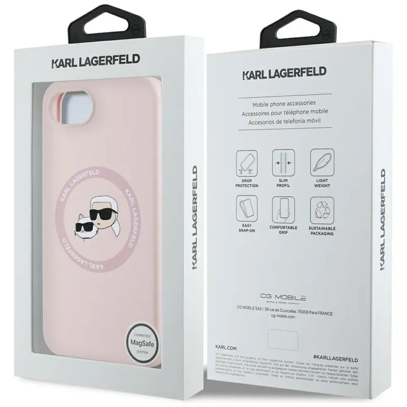 Karl Lagerfeld Silicone Karl & Choupette Heads MagSafe – Dėklas iPhone 16e (rožinis)