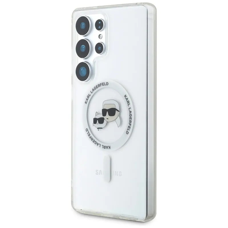Karl Lagerfeld Button Karl & Choupette Heads Printed Logo MagSafe – dėklas Samsung Galaxy S25 Ultra (baltas)