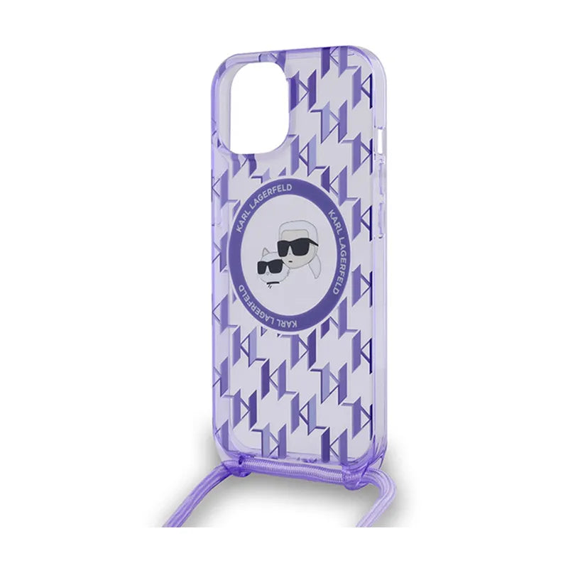 Karl Lagerfeld IML Crossbody Monogram Karl & Choupette Head MagSafe – dėklas iPhone 15 / 14 / 13 (violetinis)