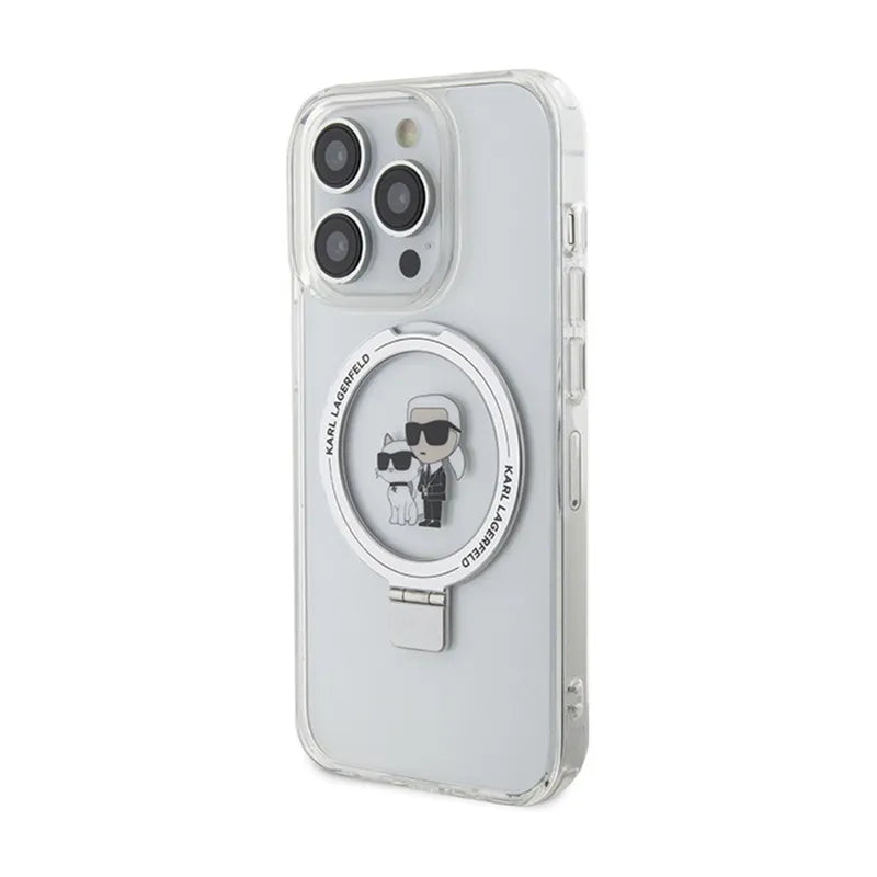 Karl Lagerfeld Ring Stand Karl & Choupette MagSafe dėklas iPhone 14 Pro (baltas)
