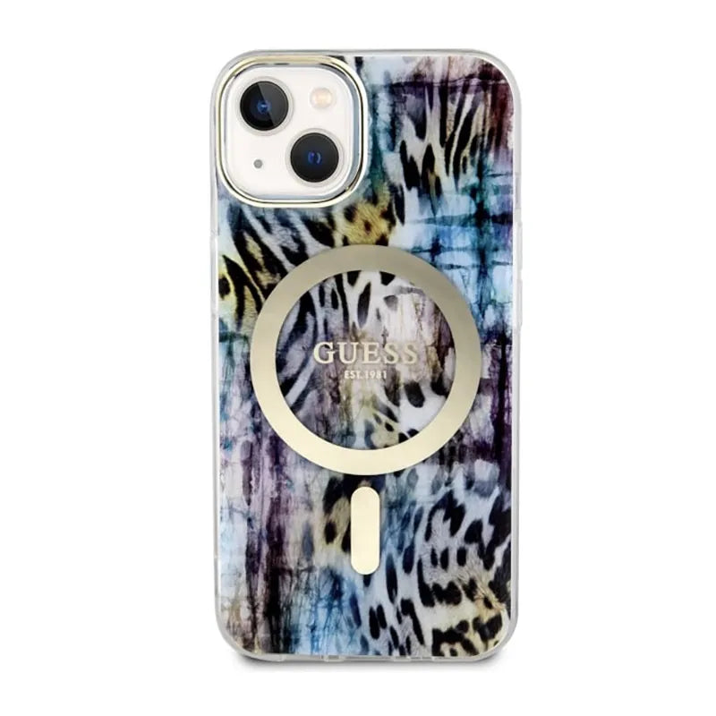 Guess Leopard MagSafe – dėklas iPhone 14 (mėlynas)
