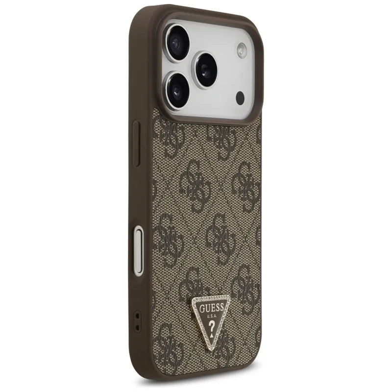 „Guess Leather 4G Triangle Strass MagSafe“ – dėklas „iPhone 17 Pro“ (rudas)