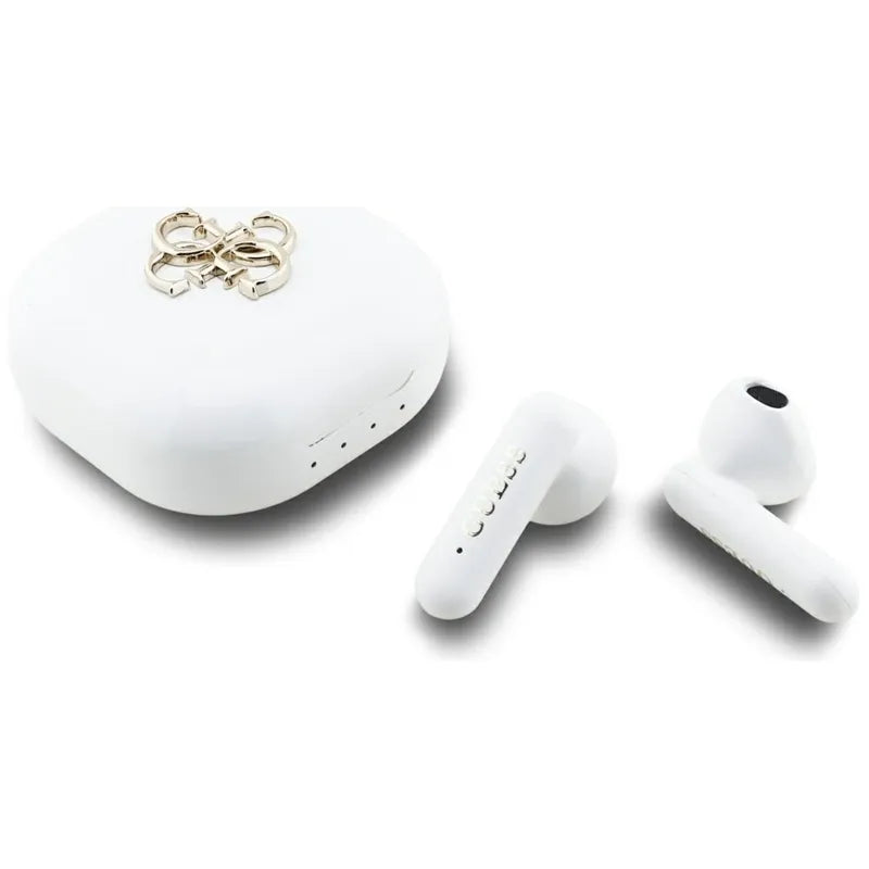 Guess 4G Metal Logo – TWS Bluetooth ausinės + įkrovimo dėklas (baltos)