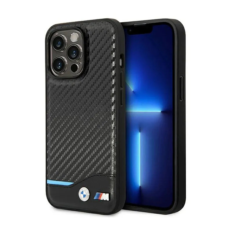 BMW Leather Carbon Blue Line - Dėklas iPhone 14 Pro (Juodas)