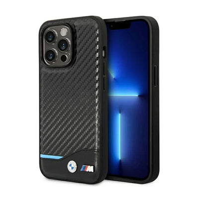 BMW Leather Carbon Blue Line - Dėklas iPhone 14 Pro (Juodas)