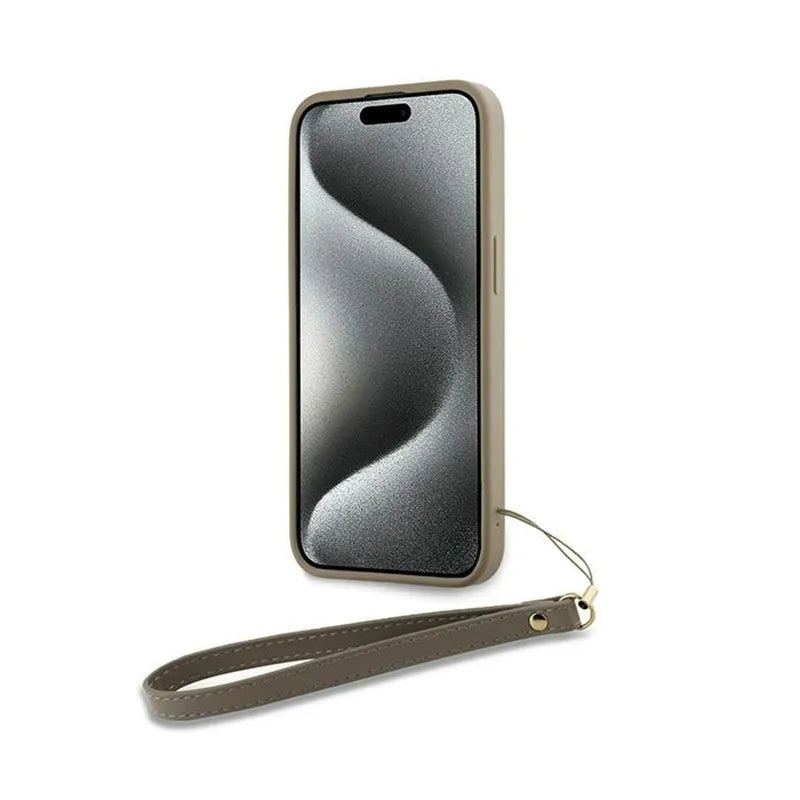 DKNY Wrist Strap Stock Logo – dėklas iPhone 15 Plus (smėlio spalvos)