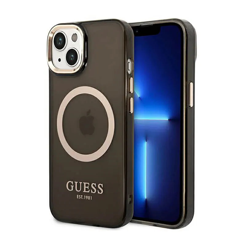 Guess Gold Outline Translucent MagSafe – dėklas iPhone 14 telefonui (juodas)