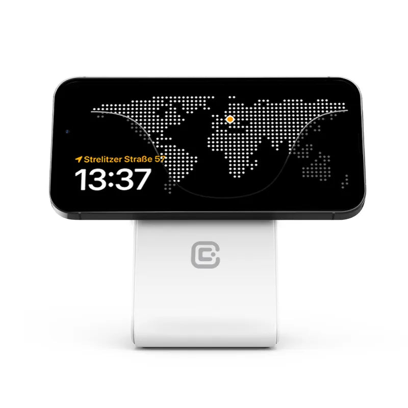 Crong MagSpot Stand – 2-in-1 belaidis įkroviklis su „MagSafe“, skirtas „iPhone“ ir „AirPods“ (baltas)