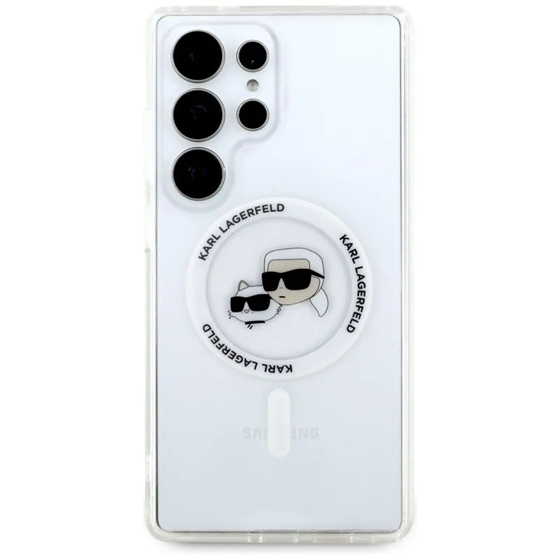 Karl Lagerfeld Button Karl & Choupette Heads Printed Logo MagSafe – dėklas Samsung Galaxy S25 Ultra (baltas)
