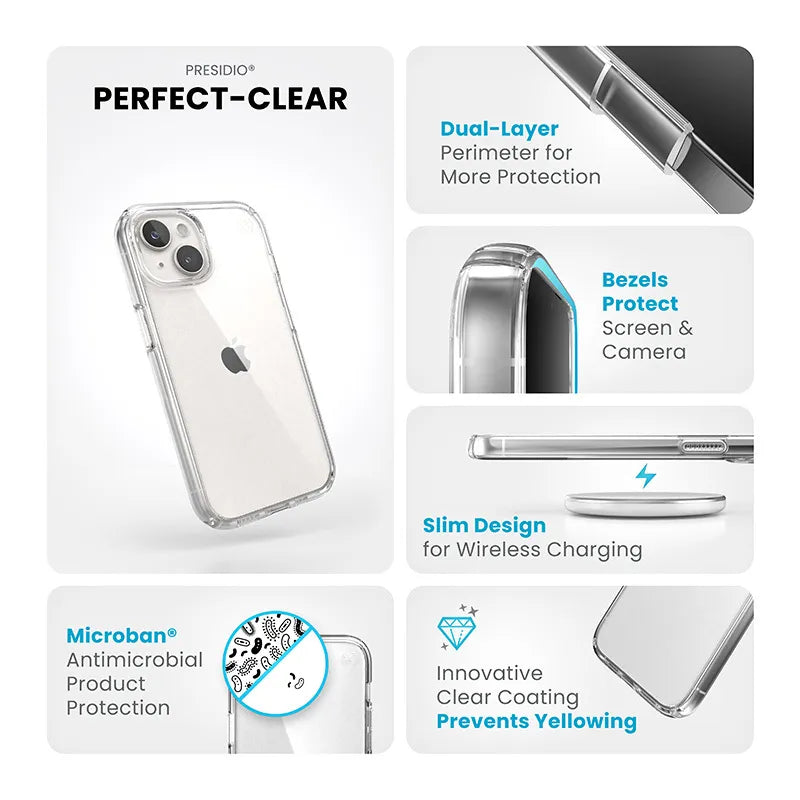 Speck Presidio Perfect-Clear – dėklas iPhone 17e / 16e / 15 / 14 / 13 (skaidrus)