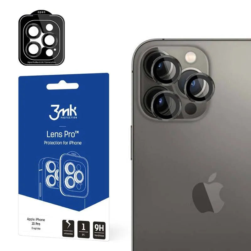 3mk Lens Protection Pro – kameros objektyvo stiklas, skirtas iPhone 15 Pro (grafito spalvos)