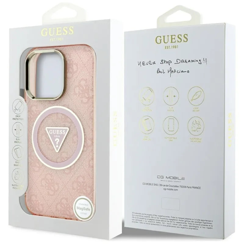 Guess IML Metal Glitter 4G Circle Triangle MagSafe – Dėklas iPhone 16 Pro (rožinis)