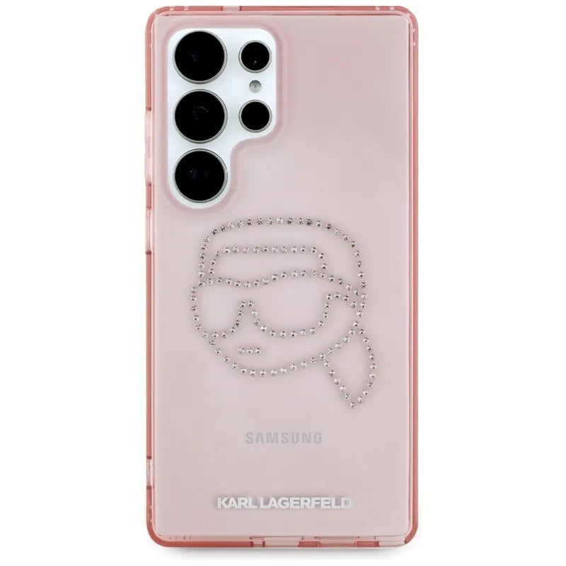 Karl Lagerfeld Rhinestones Karl Head Logo – dėklas, skirtas Samsung Galaxy S25 Ultra (rožinis)
