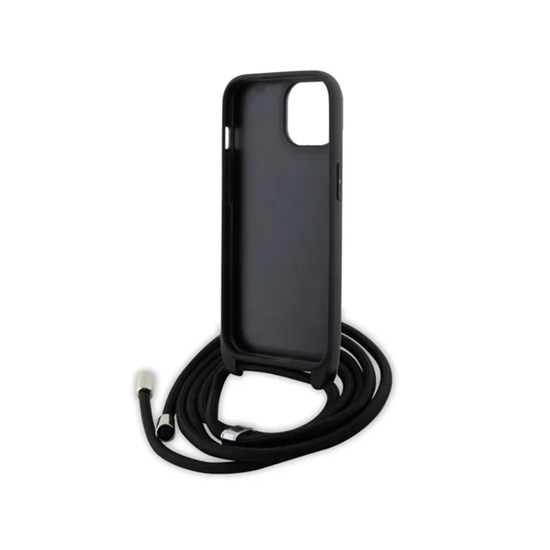 Karl Lagerfeld Crossbody Saffiano Metal Pin Karl & Choupette dėklas, skirtas iPhone 15 Plus (juodas)