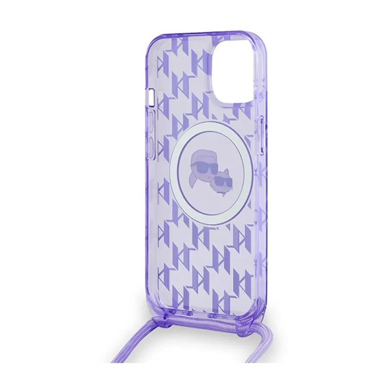 Karl Lagerfeld IML Crossbody Monogram Karl & Choupette Head MagSafe – dėklas iPhone 15 / 14 / 13 (violetinis)