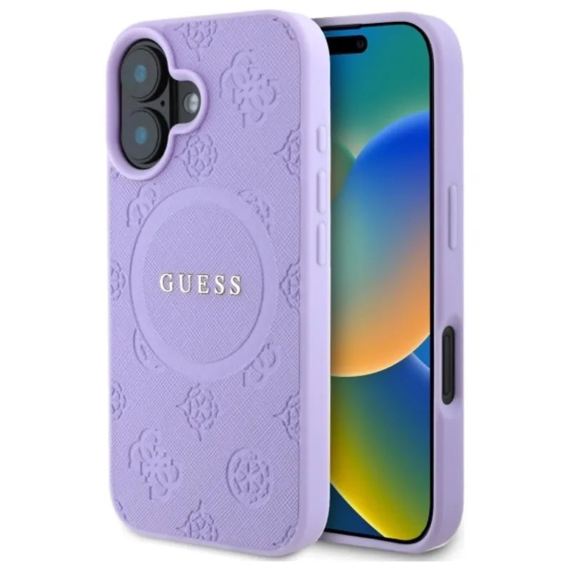 Guess Saffiano Peony Classic Logo MagSafe – dėklas iPhone 16 (violetinis)
