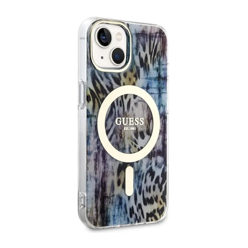 Guess Leopard MagSafe – dėklas iPhone 14 (mėlynas)