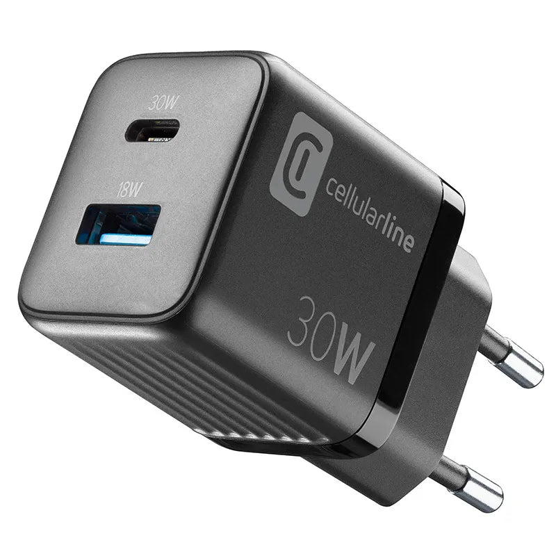 Cellularline Multipower Micro GaN – USB-C ir USB-A „Power Delivery“ 30W tinklo įkroviklis (juodas)