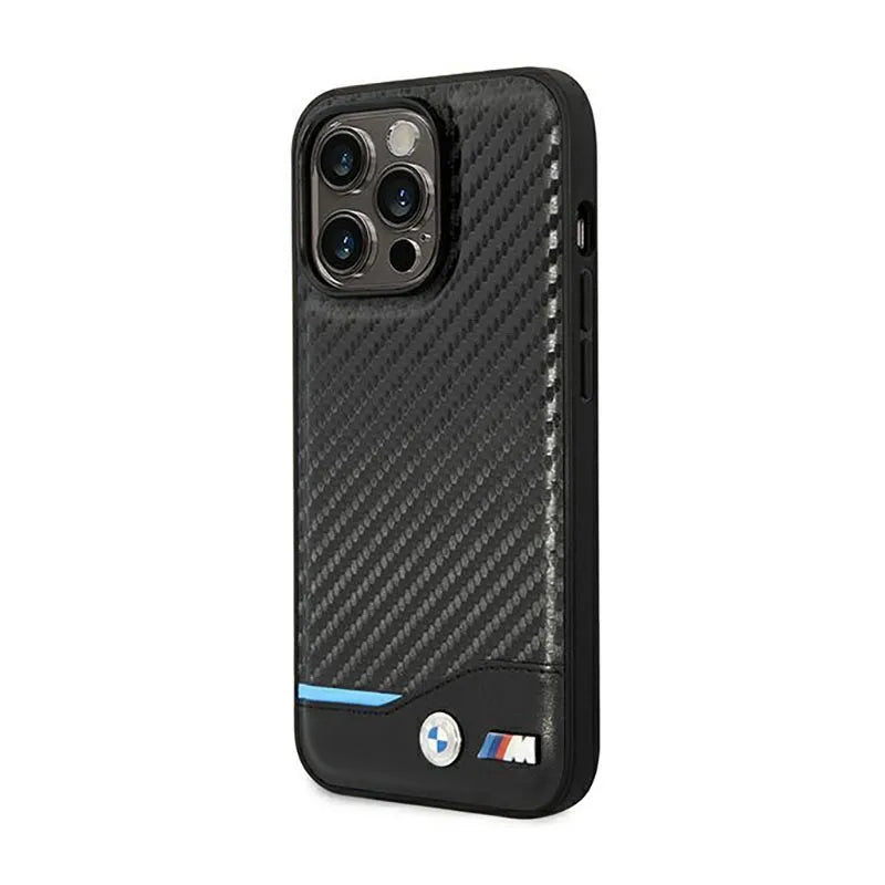 BMW Leather Carbon Blue Line - Dėklas iPhone 14 Pro (Juodas)
